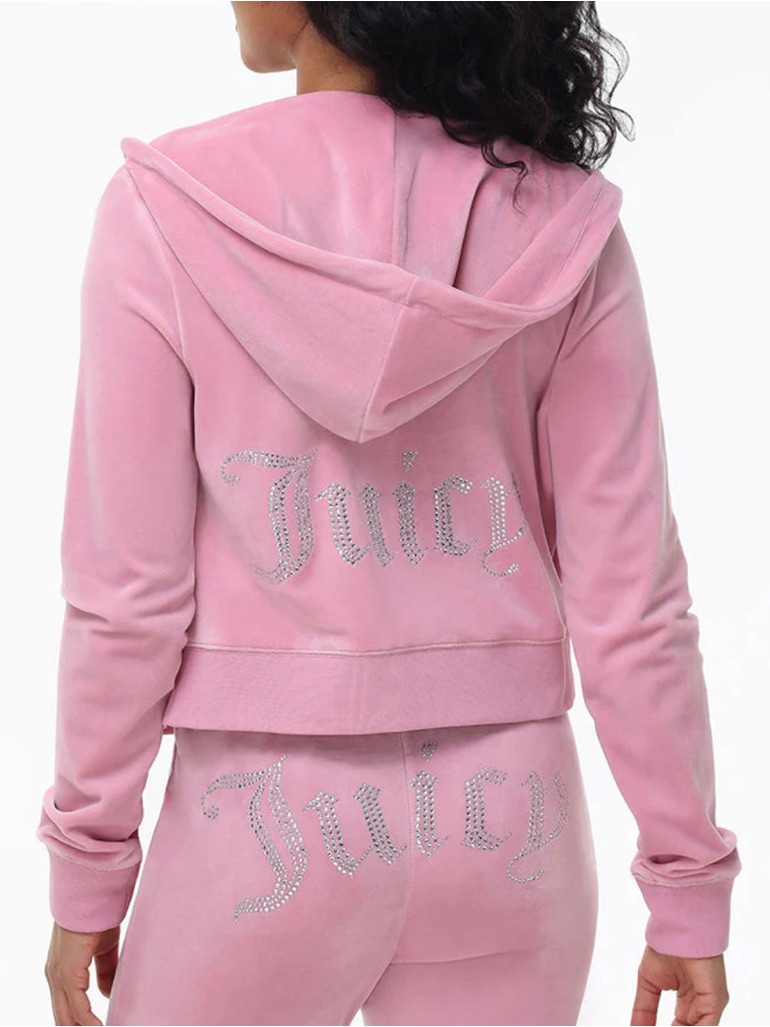 Juicy Couture Pink Rhinestone Og Big Bling Velour Hoodie Luxe Velour